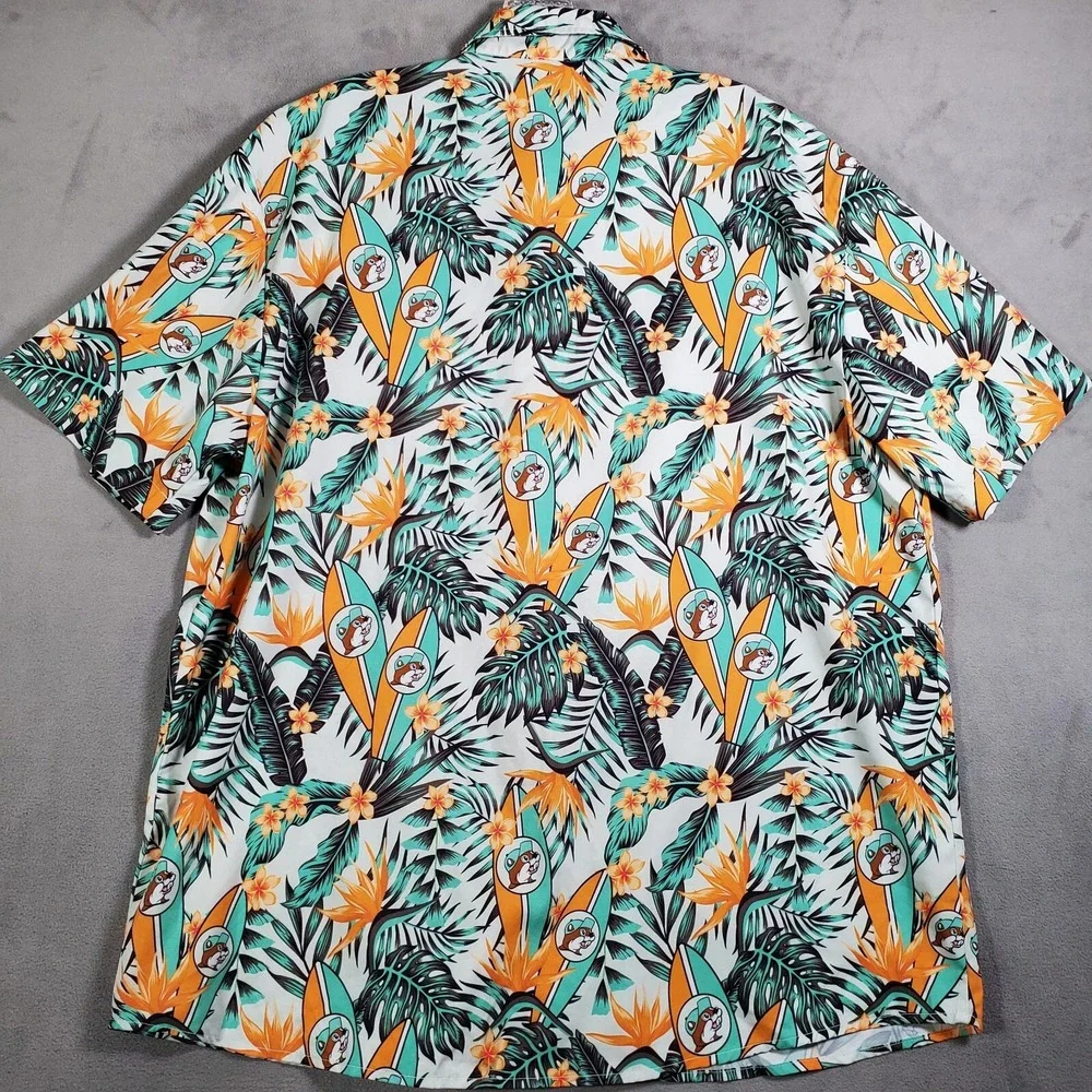 Bucees Hawaiian Shirt Mens XL Green Camp Tropical Print Button Up Palm Surfboard